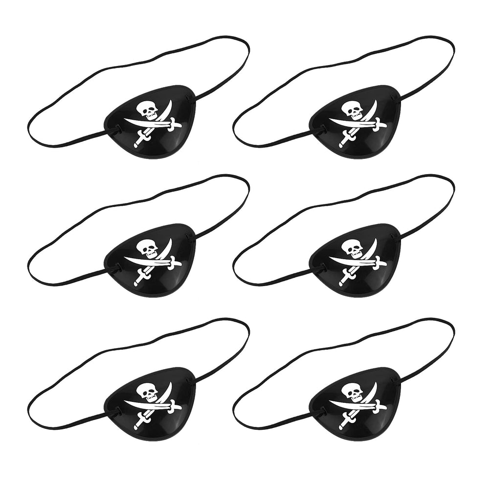 Prasacco front packaging showing six black pirate eye patches and bag, great for parties