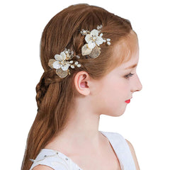 PRDGIRL front view showing two gold floral hair pins adding bridal elegance