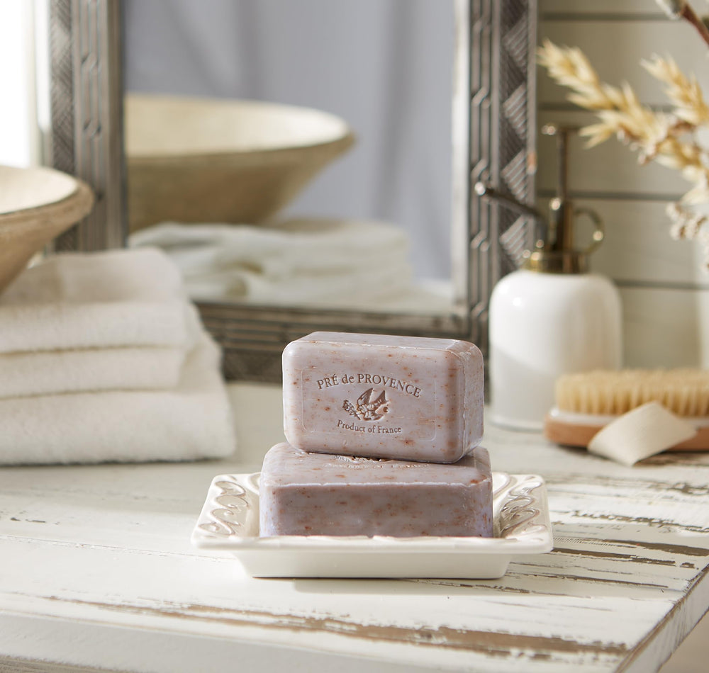 Pre de Provence soap sliced to reveal dense interior and long-lasting use benefit
