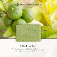 Pre de Provence lime zest next to a hand for scale showing large 250 g bar reduces replacements