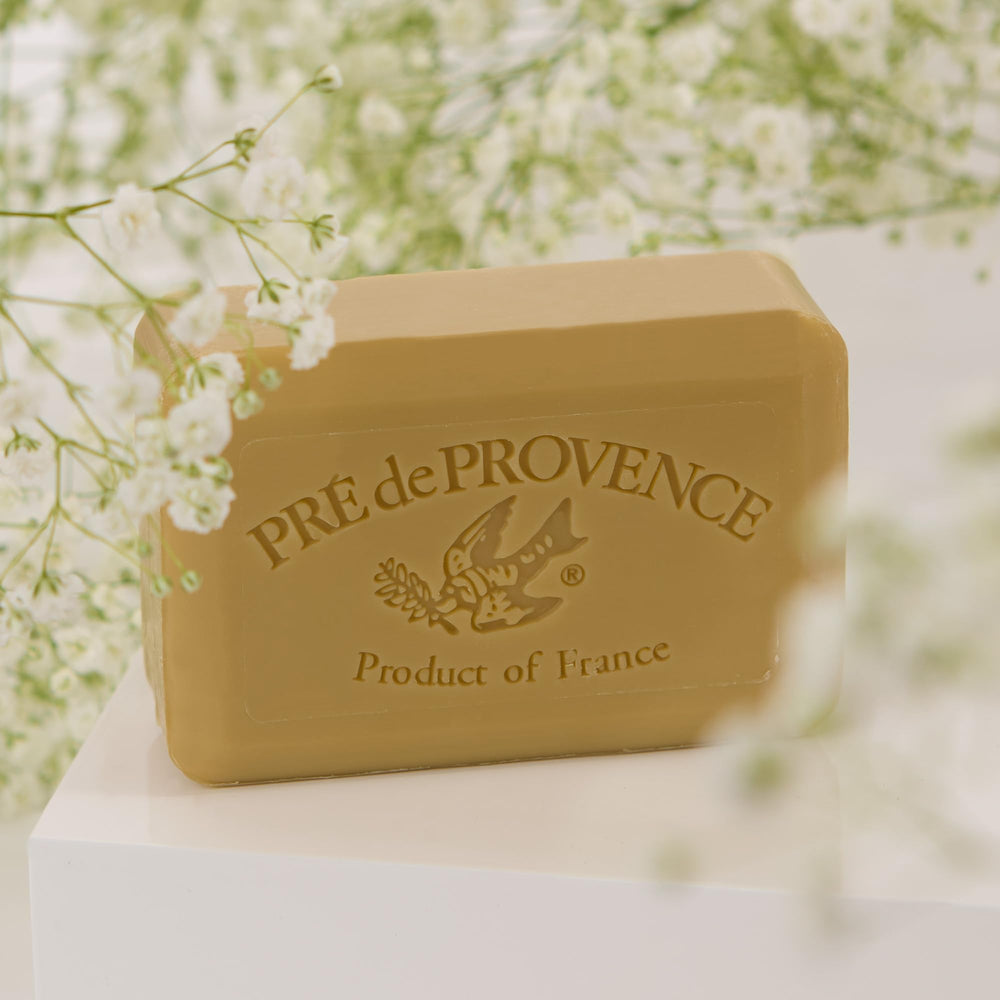Pre de Provence on bathroom counter styled as guest soap providing a welcoming scent