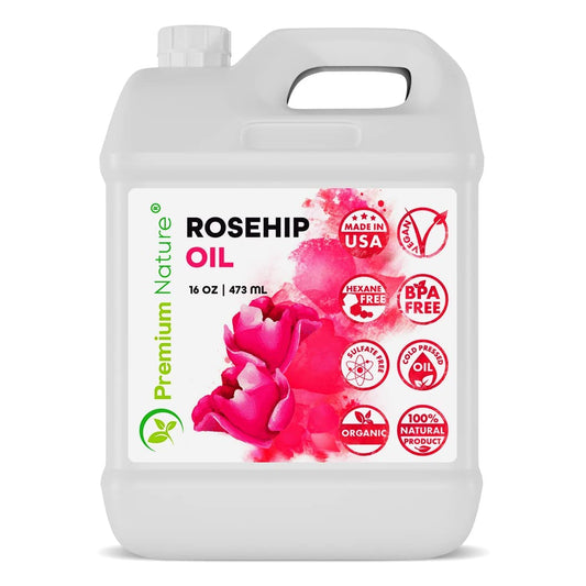 Premium Nature bottle front view showing 16 oz rosehip oil and clear labeling benefit