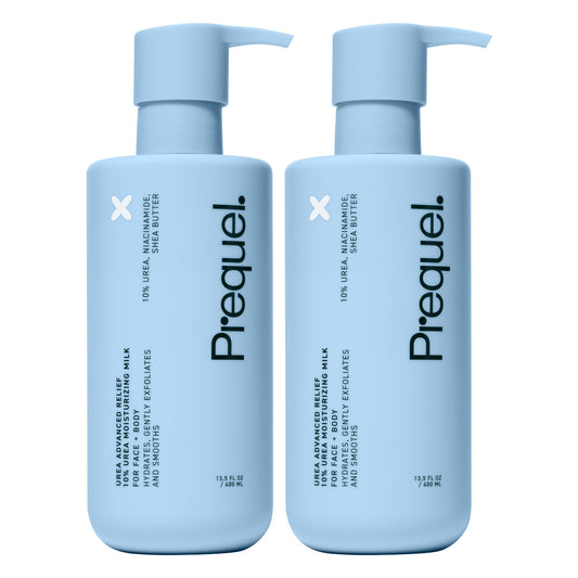 Prequel front pump bottle showing clean unscented hydration benefit