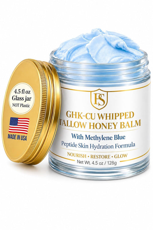 Prestige Supply front jar showing blue whipped balm and clear branding for easy recognition and appeal