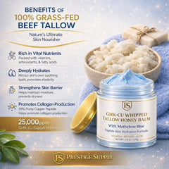 Prestige Supply ingredient flatlay with Manuka honey, jojoba, peptide vial illustrating natural plus science benefits