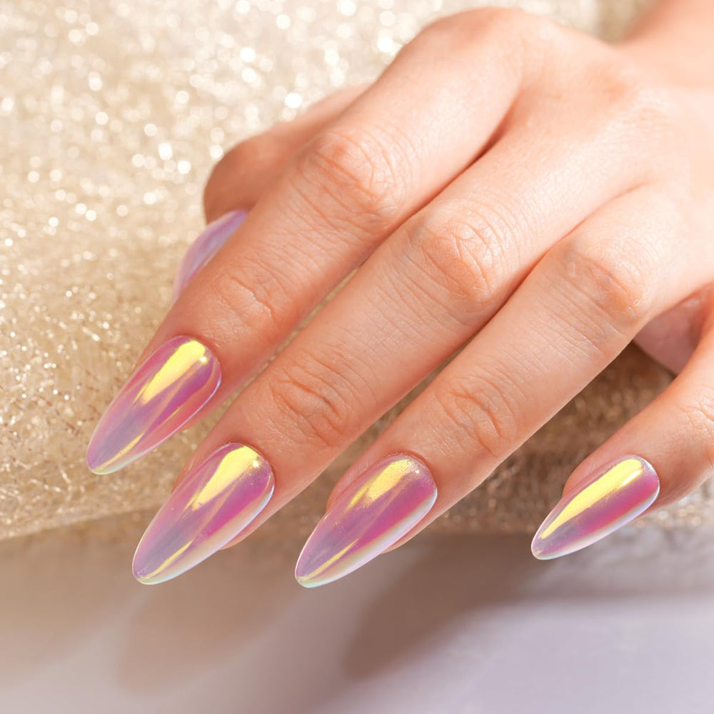 Pretty Diva aurora powder on light base nail creating pearlescent mermaid glow