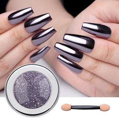 Pretty Diva jar front showing silvery black chrome powder and included applicators benefit: clear product view