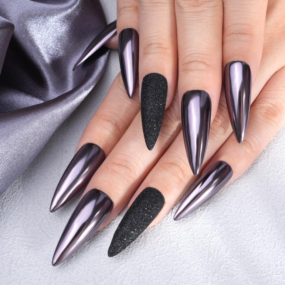 Pretty Diva lifestyle manicure model wearing chrome nails benefit: salon-quality reflective results