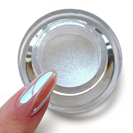 Pretty Diva jar front showing moonlight chrome pigment and included applicators for salon results