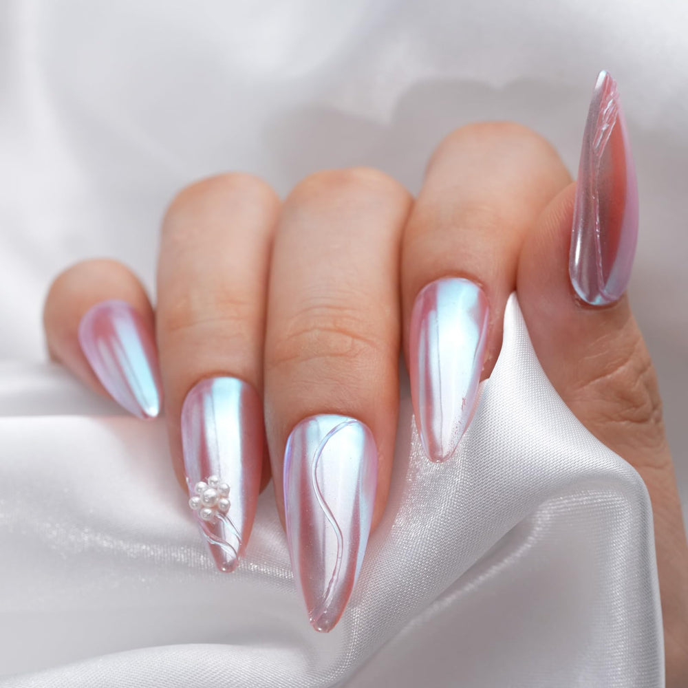 Pretty Diva nail before and after comparison showing dramatic iridescent chrome transformation