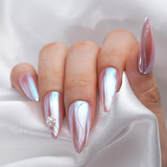 Pretty Diva nail before and after comparison showing dramatic iridescent chrome transformation