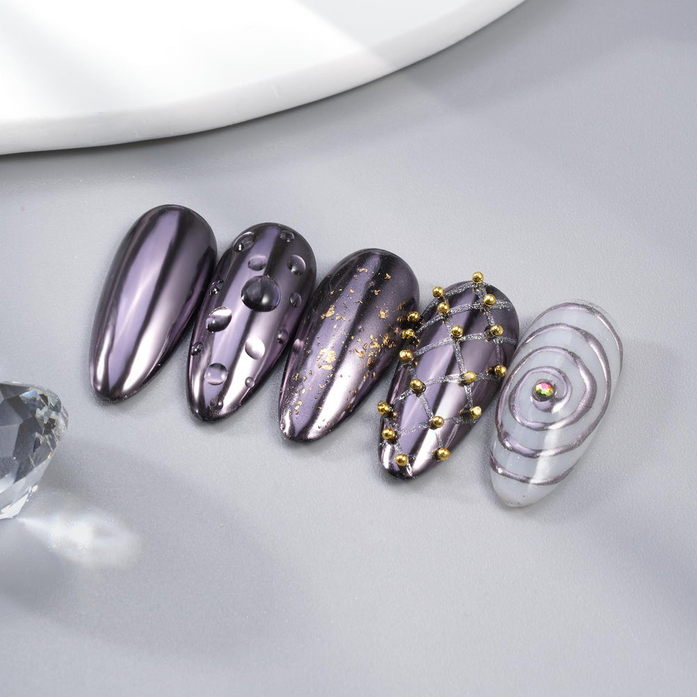 Pretty Diva on nail swatch full mirror finish benefit: high-shine silvery-black chrome effect