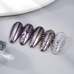 Pretty Diva on nail swatch full mirror finish benefit: high-shine silvery-black chrome effect