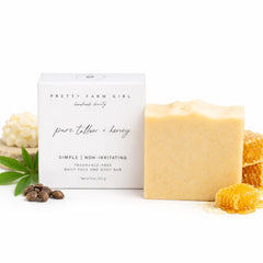 Pretty farm girl front packaging showing unscented bar and benefits