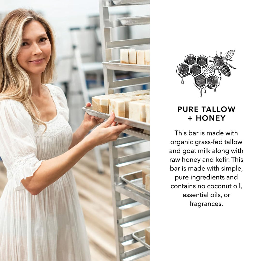Pretty farm girl ingredients: tallow, raw honey, goat milk emphasizing natural origin