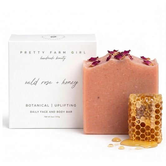 Pretty farm girl front packaging showing floral label and natural soap benefits