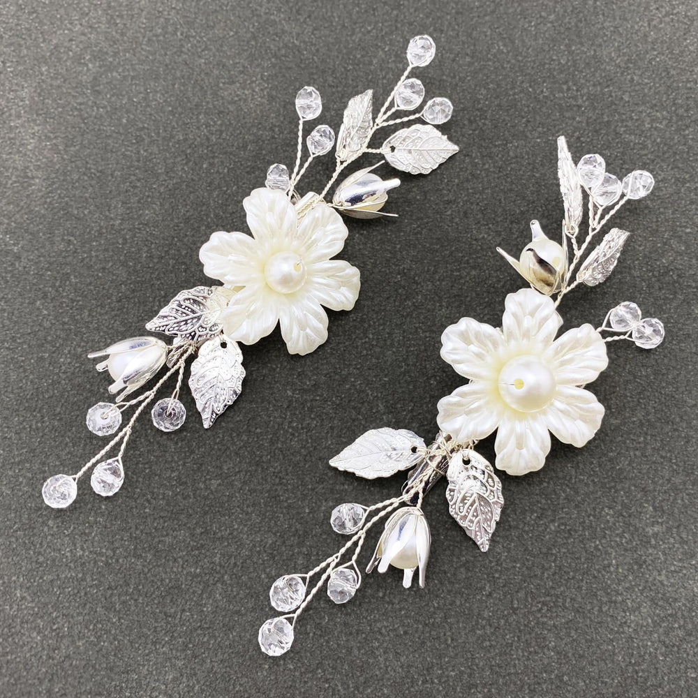 PRETTYLIFE front view of ivory pearl flower clips showing bridal elegance