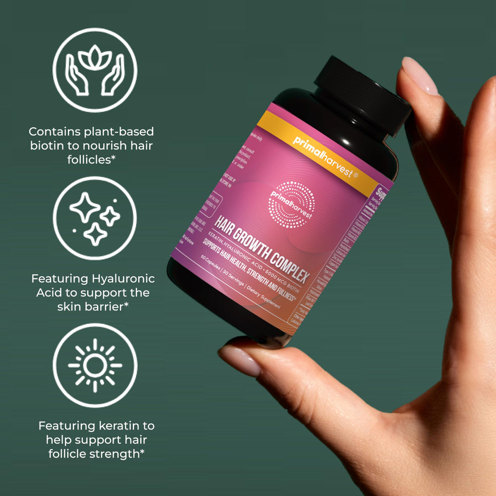 Primal Harvest supplement bottle shown on vanity next to hairbrush for routine