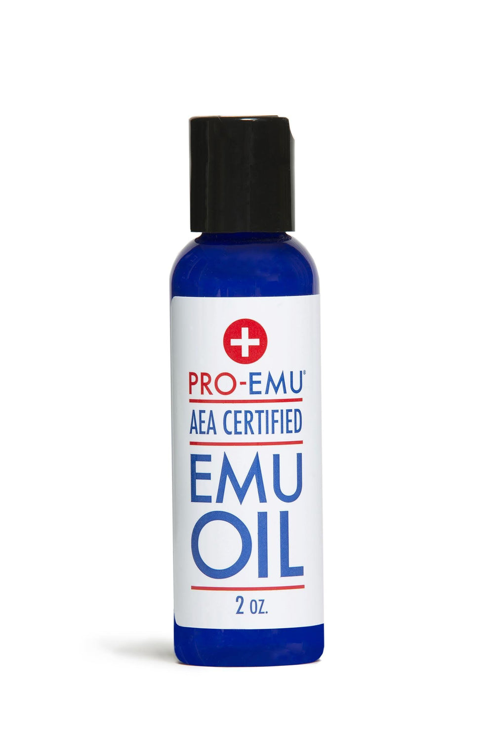 Pro Emu front label on 2 oz bottle showing certification and travel size benefits