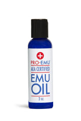 Pro Emu front label on 2 oz bottle showing certification and travel size benefits