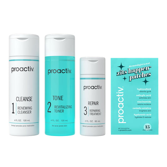 Proactiv kit front packaging shows complete 3-step system benefits