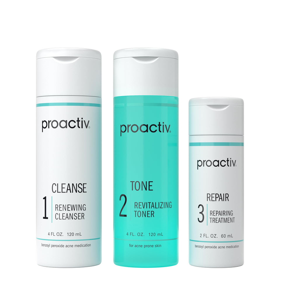 Proactiv front packaging showing full 3-step kit and clear regimen benefits