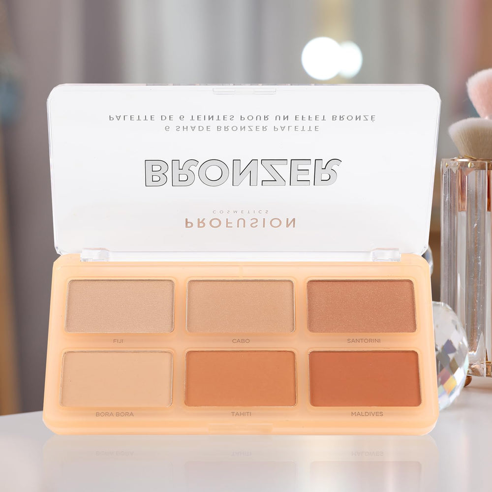 Profusion packaging beside a makeup brush showing travel-friendly compact size