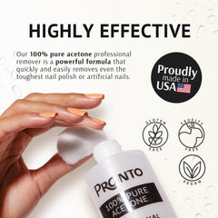 Pronto acetone being poured into dispenser showing fast removal efficiency benefit
