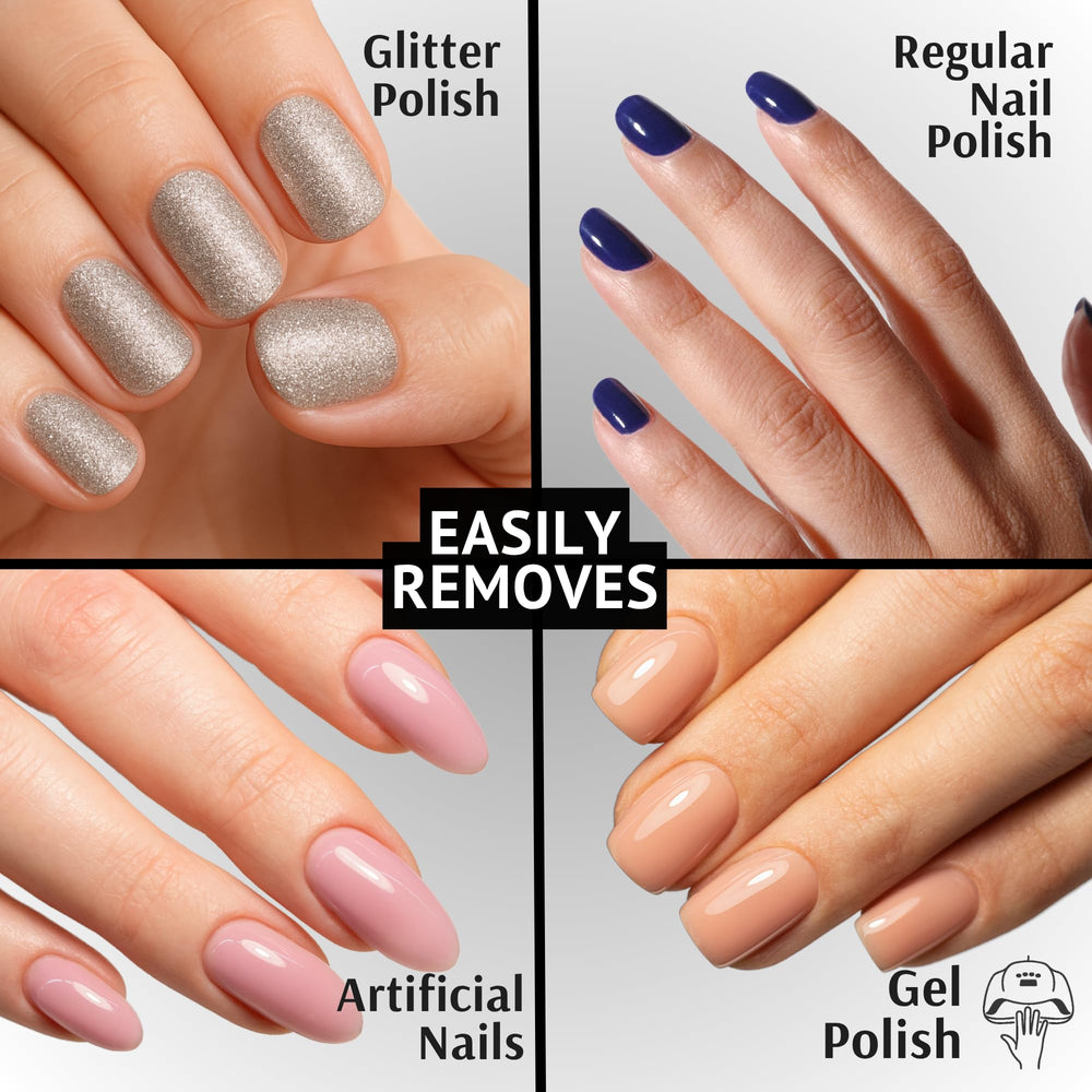 Pronto cotton pad soaked and pressing nail to show efficient polish removal benefit