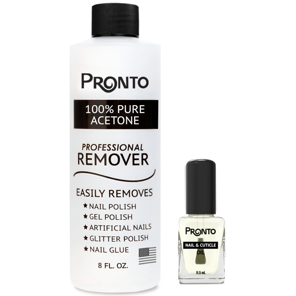 Pronto front view of acetone bottle and cuticle oil showcasing professional duo benefit