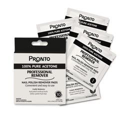 Pronto front packaging showing 10 individually wrapped acetone pads, fast removal benefit