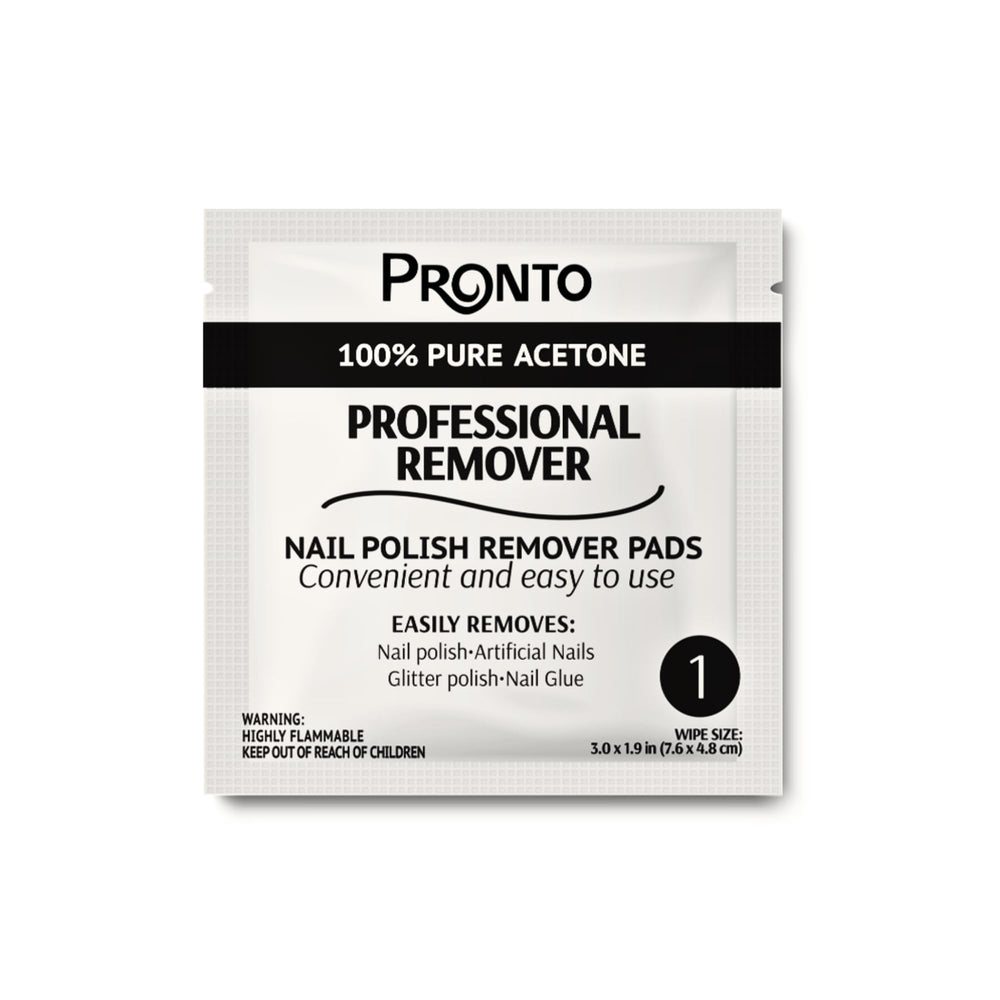 Pronto single wipe close-up texture soaked in pure acetone, efficient polish breakdown