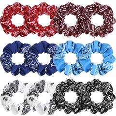 PROPOG bandana print set laid flat showing twelve colorful scrunchies and matching outfits
