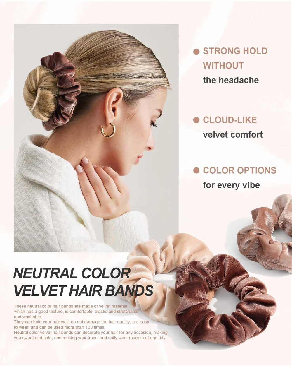 PROPOG scrunchies laid out in neutral brown palette displaying coordinated styling benefit