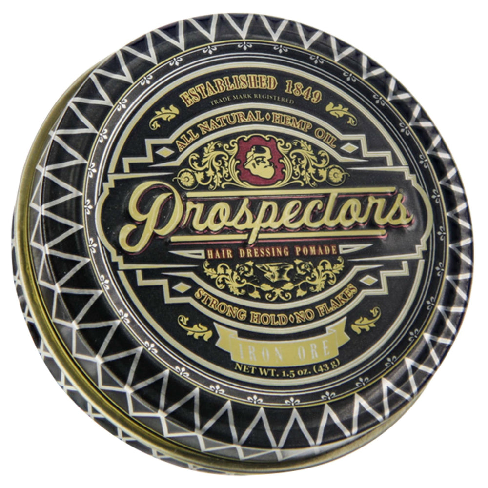 PROSPECTORS Iron Ore front tin showing label and compact travel size benefit