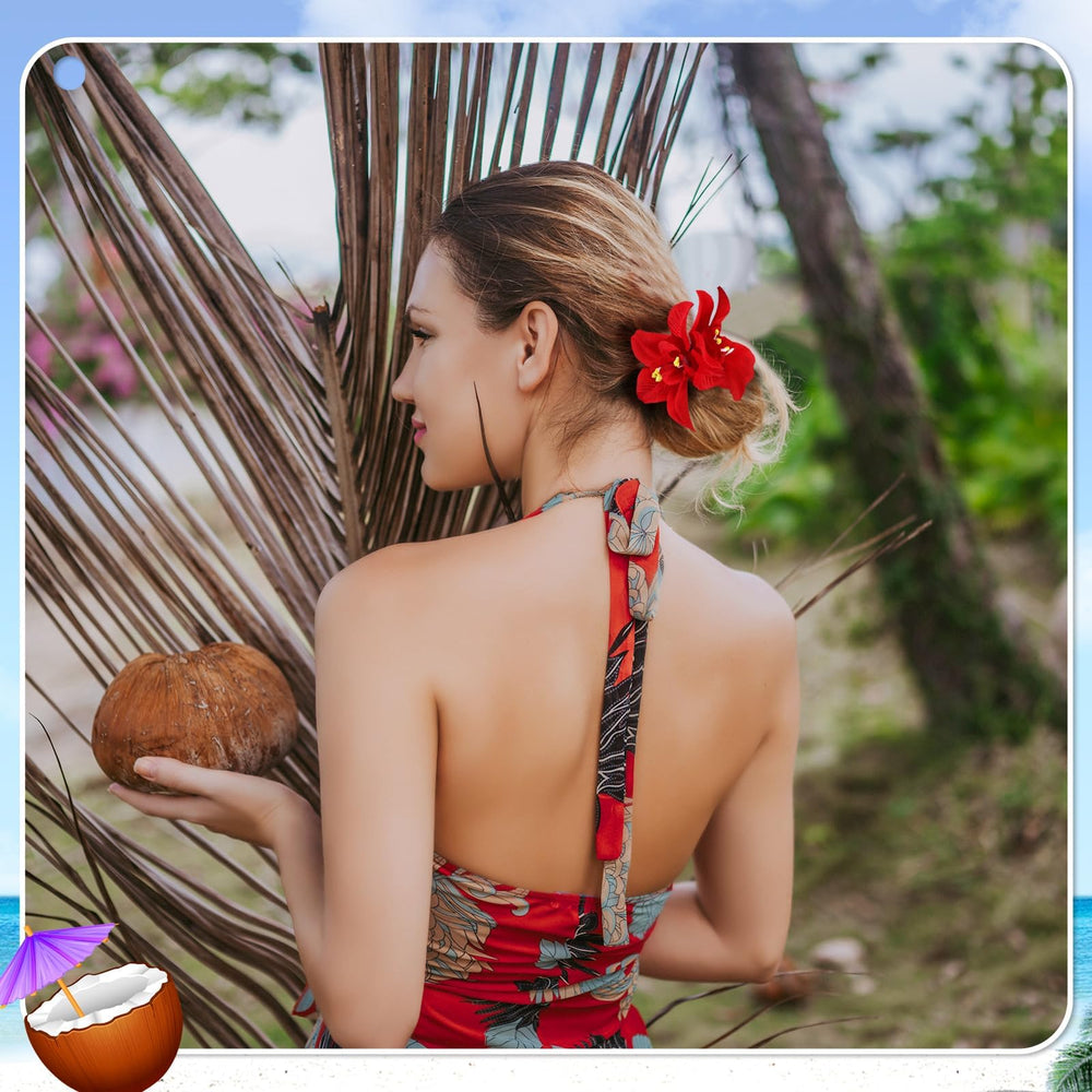 ProSuites model wearing flower clip at beach, adds tropical style to outfit
