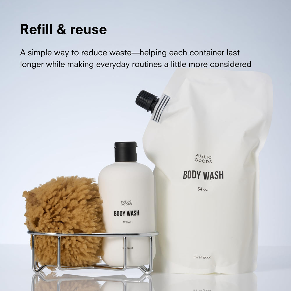 Public Goods body wash in a minimalist bathroom emphasizing eco-friendly routine
