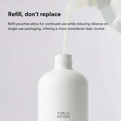 Public Goods bottle on bathroom shelf suggesting eco-friendly daily routine