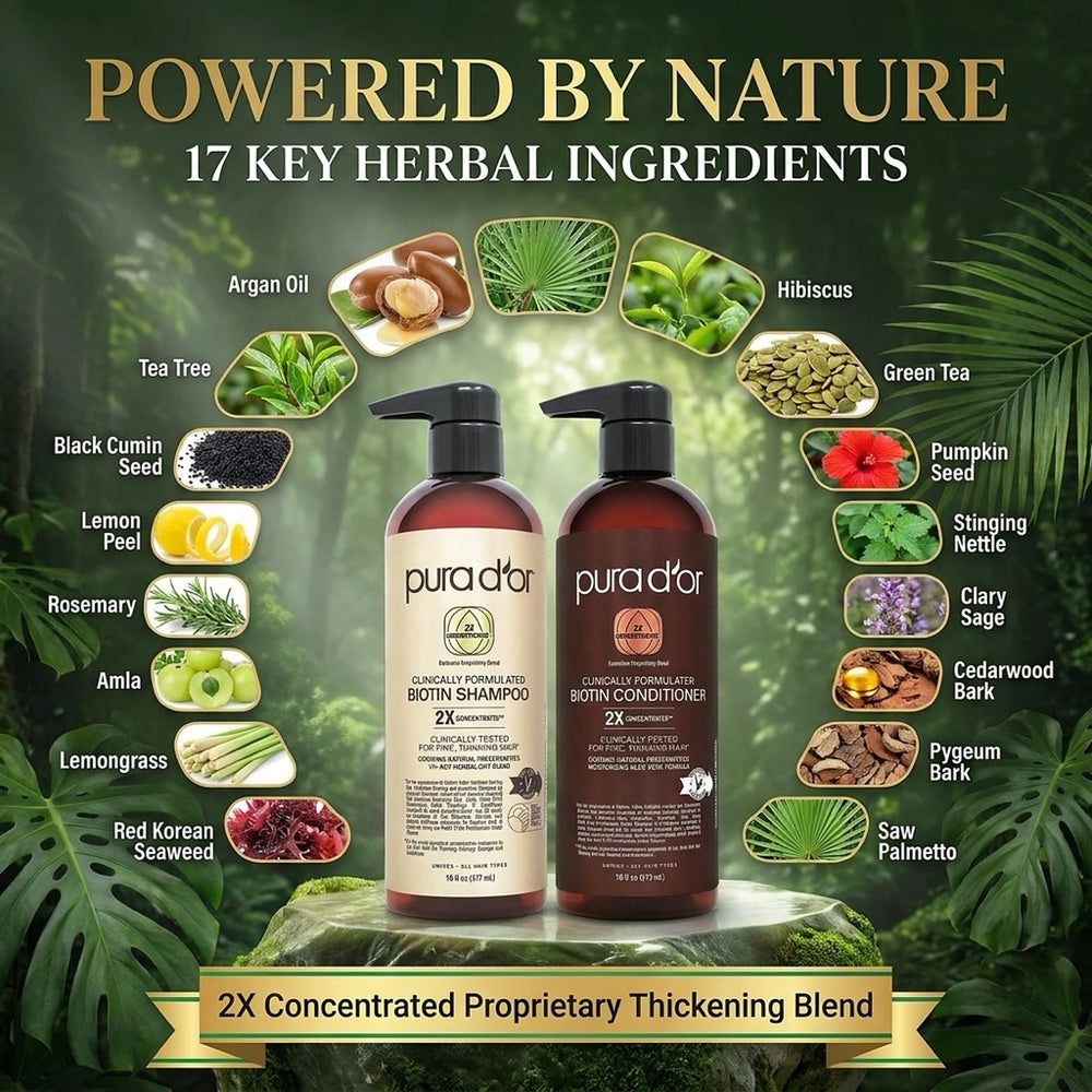 PURA D'OR botanical ingredients flatlay highlighting plant-based actives