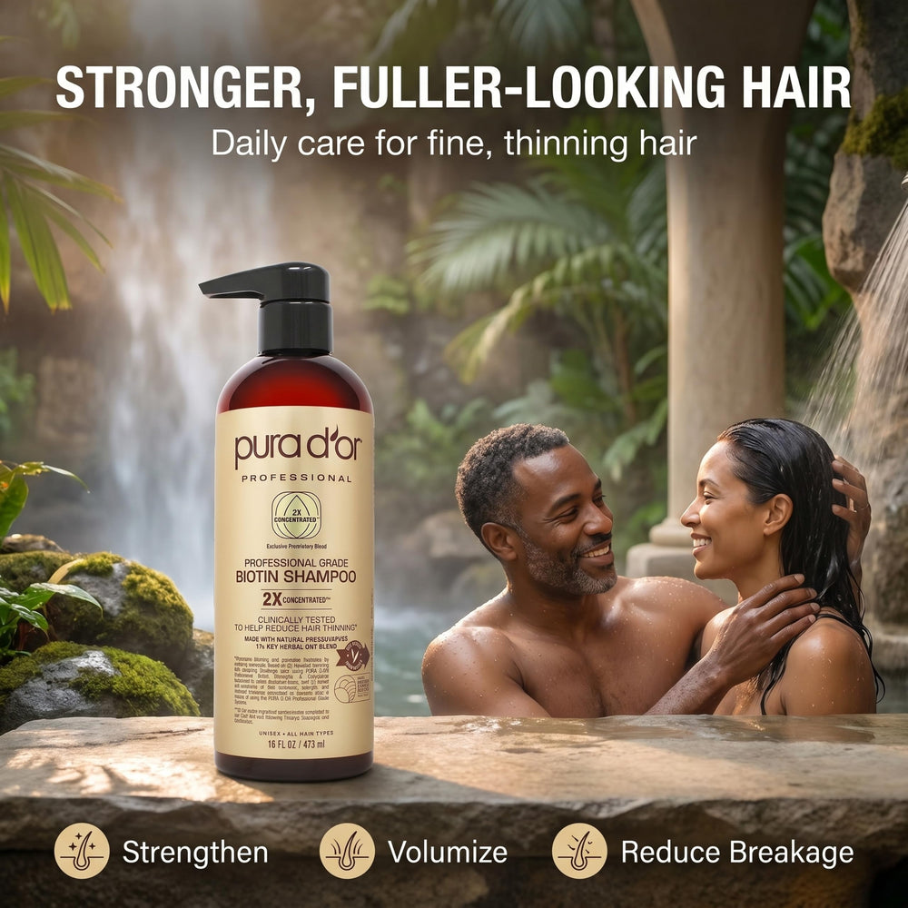 PURA D'OR arranged ingredients including biotin and botanical oils for nourishment