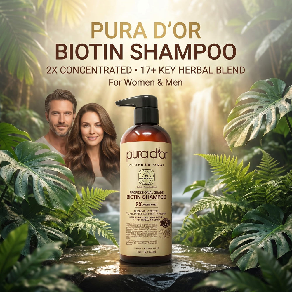 PURA D'OR close-up of label highlighting key botanicals and benefits