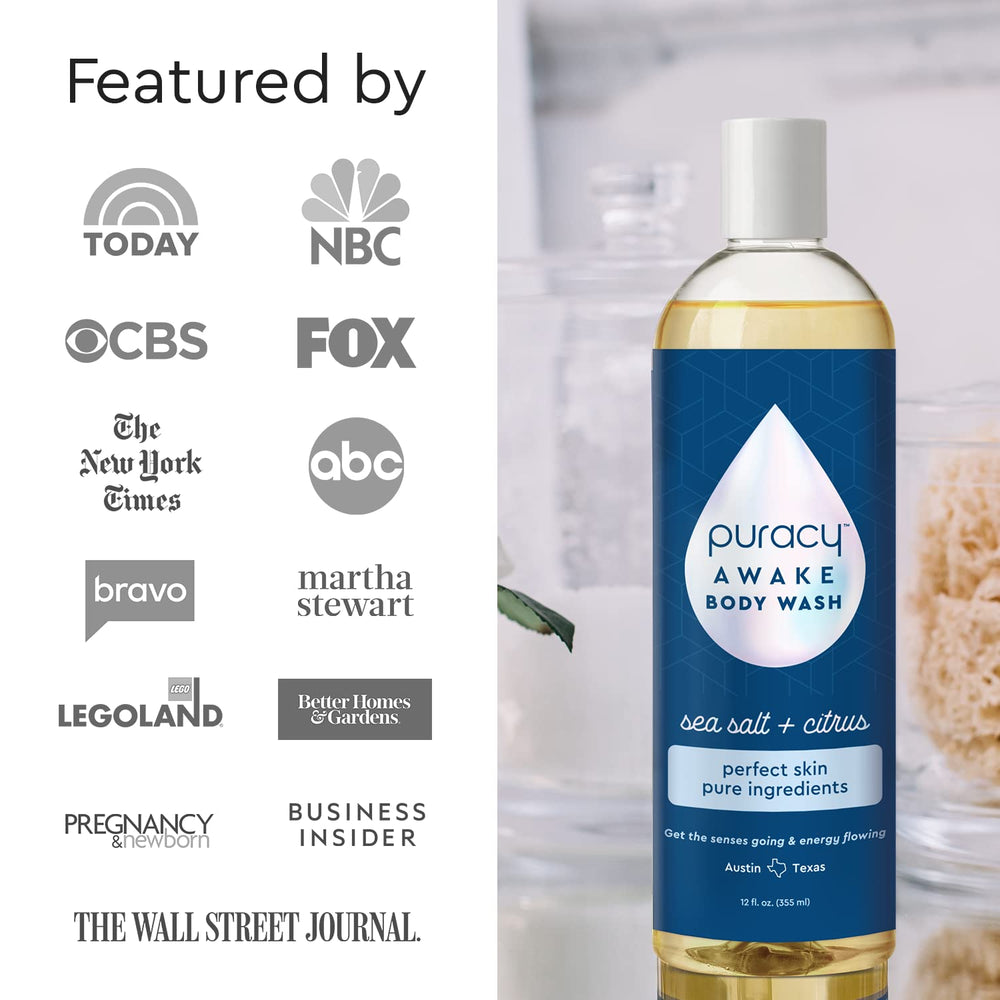 Puracy body wash in shower being applied for an energizing experience