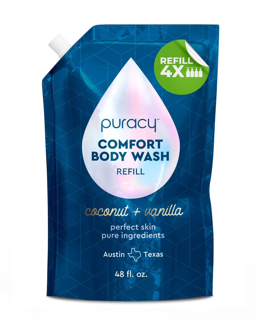 Puracy refill pouch front view showing size and scent benefits