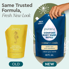 Puracy refill pouch being poured into a pump bottle for convenience