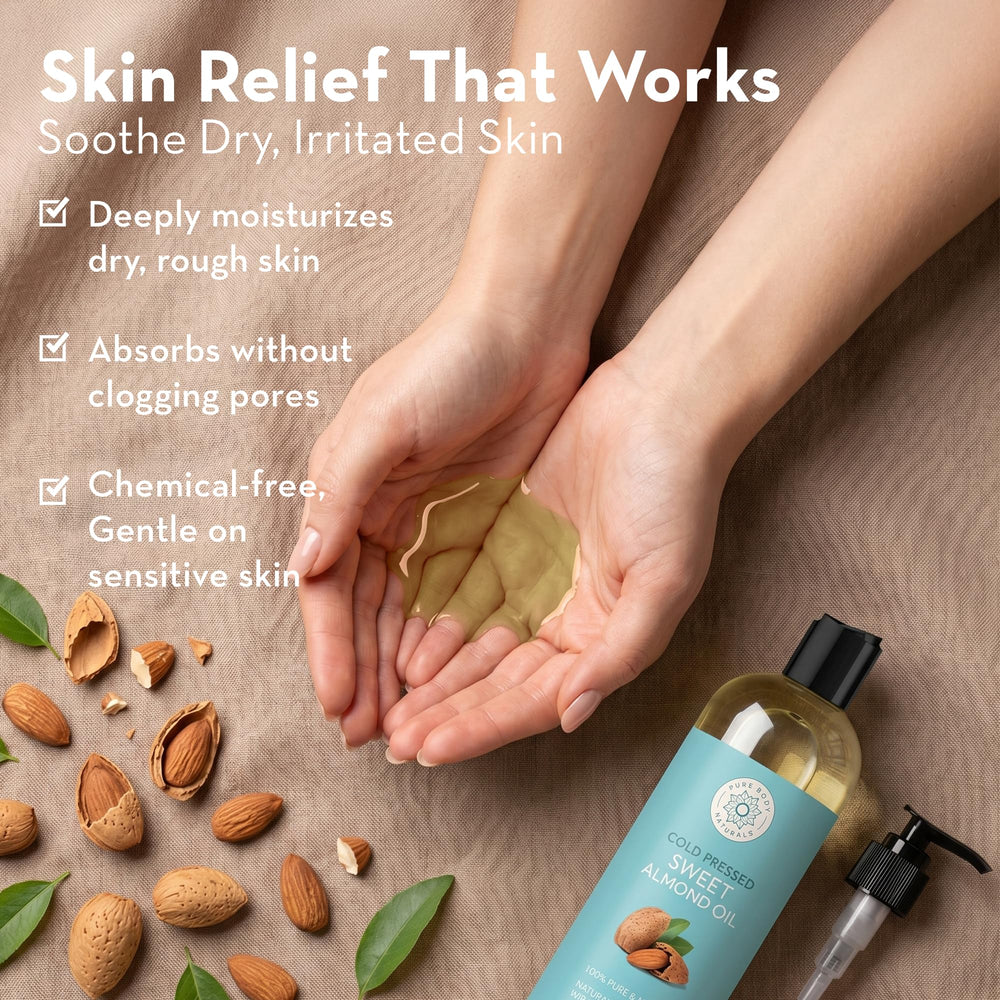 Pure Body Naturals almond oil pouring from bottle, effortless pour for recipes