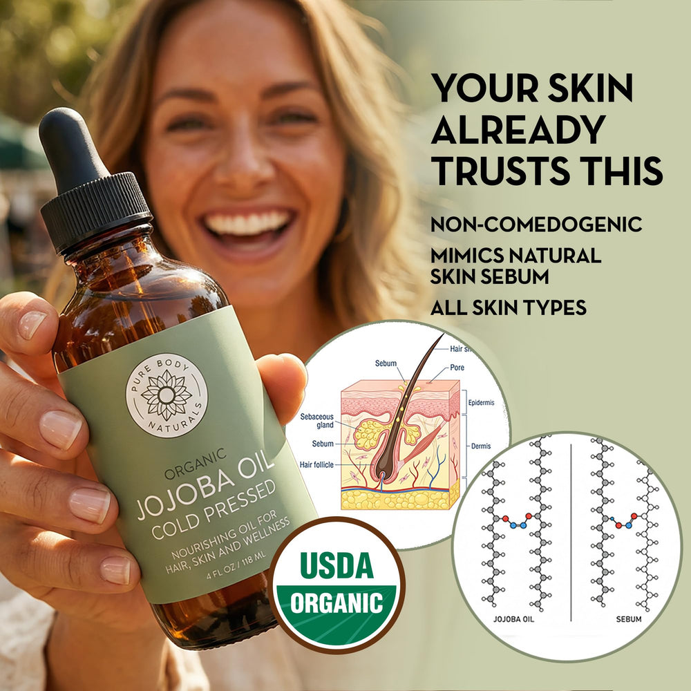 Pure Body Naturals amber glass closeup highlighting packaging and freshness