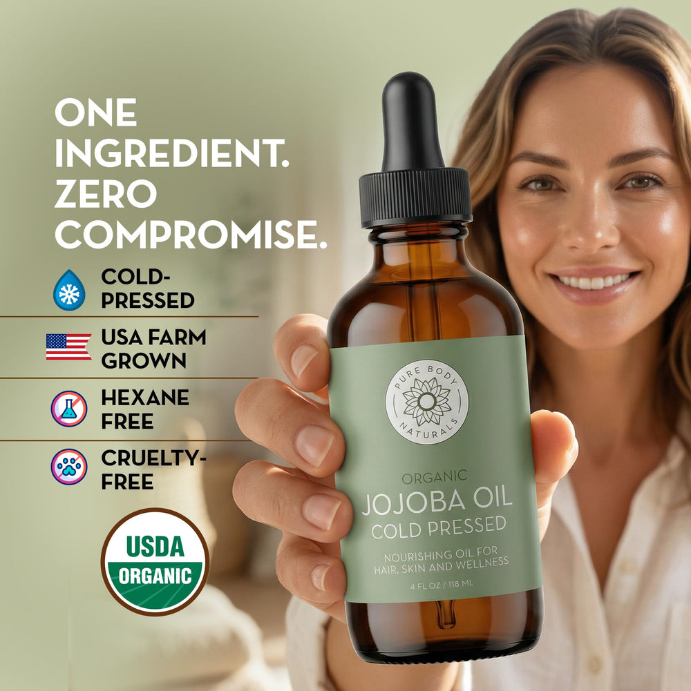 Pure Body Naturals bottle in hand for scale conveying 4 fl oz size