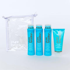 Pure Brazilian travel kit inside toiletry bag demonstrating convenient on-the-go care