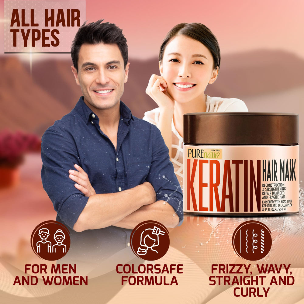 PURE NATURE LUX SPA label detail focused on keratin and collagen ingredients