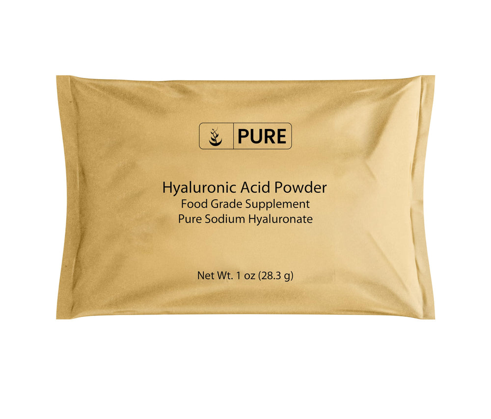 PURE ORIGINAL INGREDIENTS front packaging showing 1oz hyaluronic acid powder and label benefits